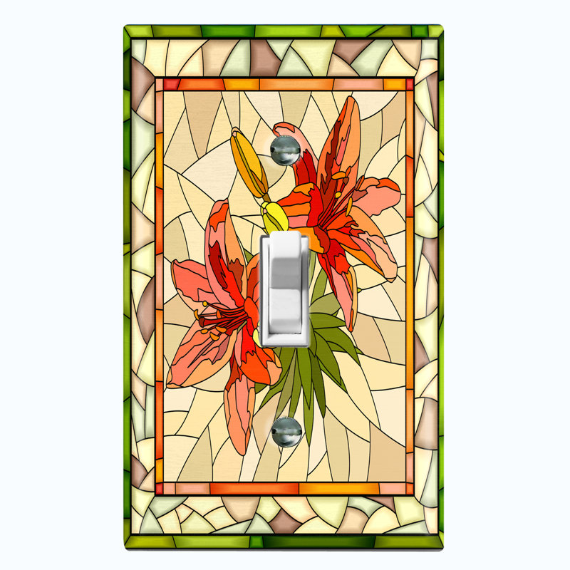 Metal Light Switch Plate Outlet Cover (Red Orange Lily Flowers Colourful Mosiac Tile Leaves - Single Toggle)