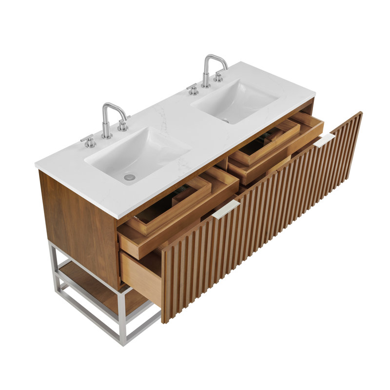 Terra 60'' W Double Vanity, Brushed Nickel, Calacatta Quartz/Widespread, Walnut