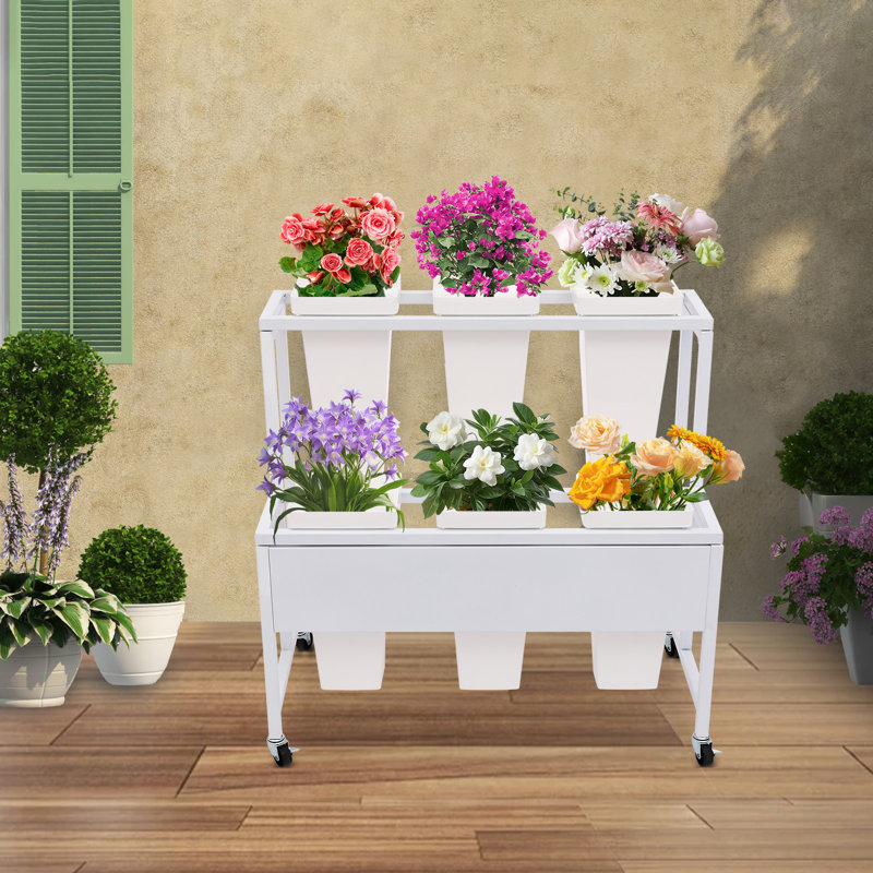 Présentoir à fleurs en métal à 2 niveaux avec seaux de 6 pièces, Blanc