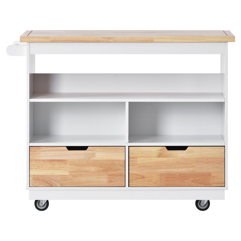 Îlot de cuisine roulant avec rangement, chariot d'îlot de cuisine à deux côtés sur roulettes avec plateau en bois, support à vin et à épices, grand chariot de cuisine avec 2 tiroirs, 3 compartiments ouverts