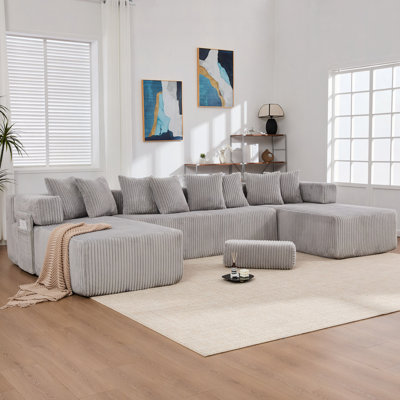 146" U Shaped Sectional Sofa, 5 Seats Convertible Sleeper Couch& L-Shaped ,8 Pillows, Free Combination,No Assembly, DIY Sofa,Magazine Bag,Corduroy