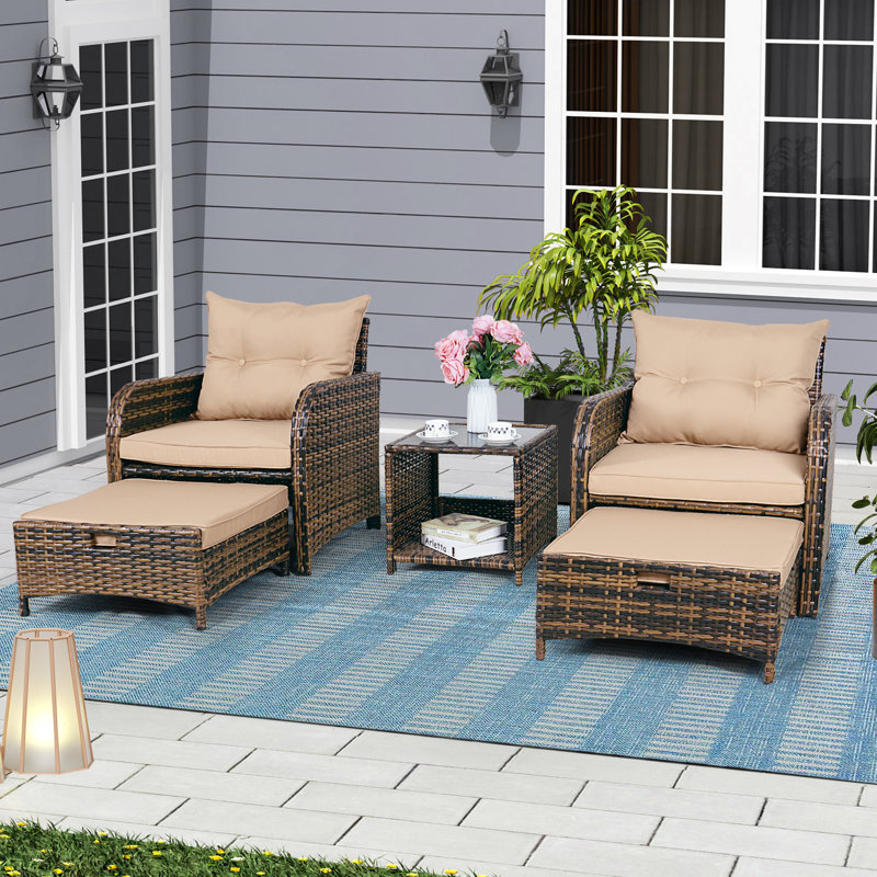 Beige Cushioned Brown Wicker 5-Piece Patio Conversation Set