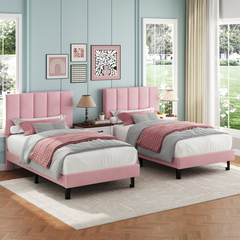 Twin Size Pink Suede Upholstered Platform Bed Frame with Adjustable Tufted Headboard, Sturdy Wooden Slats, Noise-Free, No Box Spring Needed, Easy Assembly - Pink