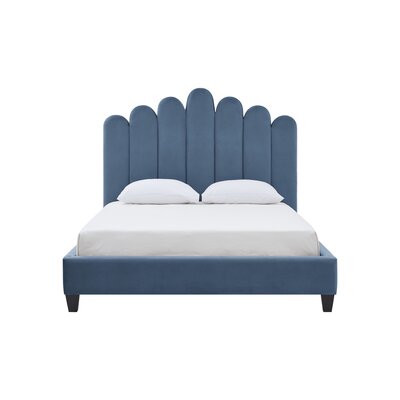 Welsh Home Xhezide Platform Bed Frame With Headboard Velvet Upholstered Vertical Channel Quilted, Modern Contemporary, Slate Blue, Queen -  Everly Quinn, E639BDC55E0F430B8FB3EFAE9F344750