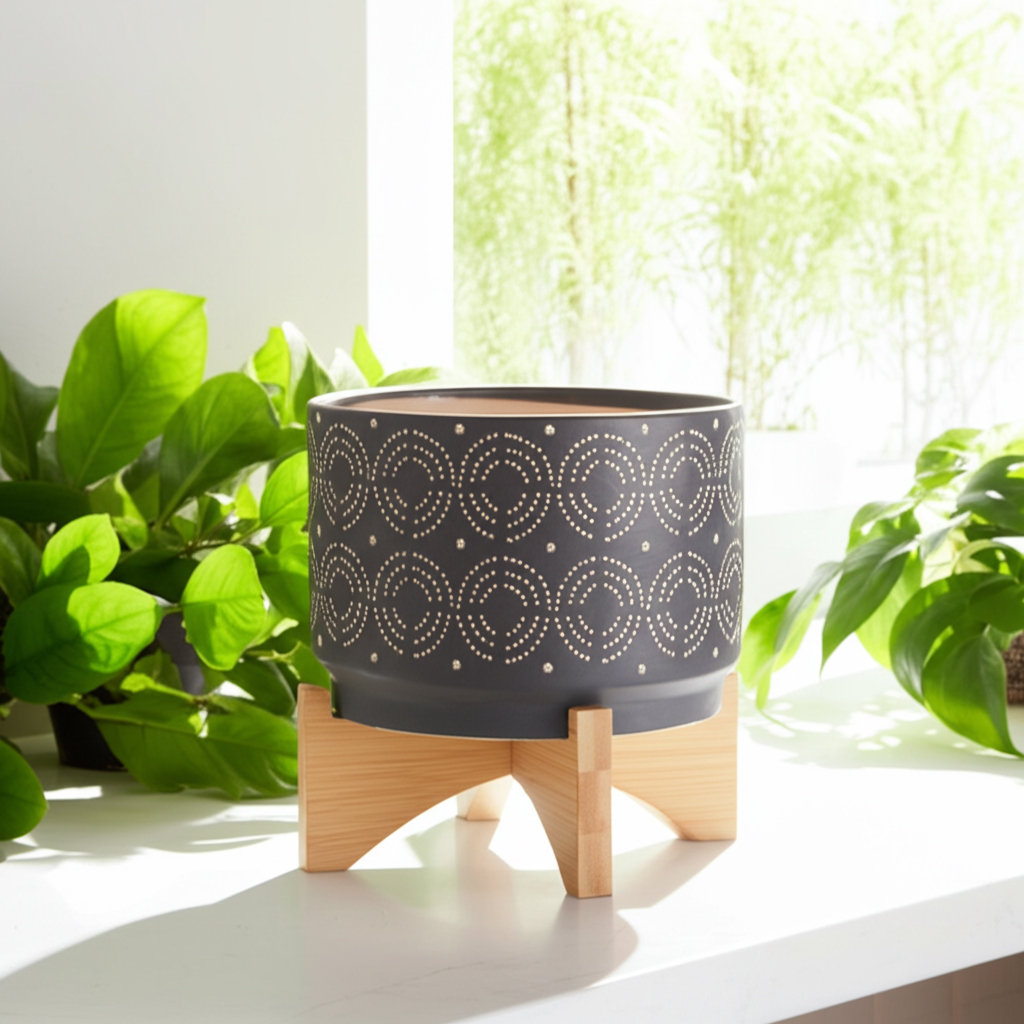 St. Charles Ceramic Planter with Wooden Stand - Modern Decorative Pot for Indoor Plants Union Rustic 