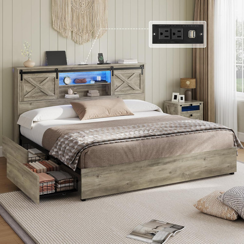 Farmhouse Bed Frame With Led Lights And 4 Storage Drawers, Wooden Platform Beds With Charging Station,rustic Bedroom Set With Storage Headboard And Sliding Barn Door