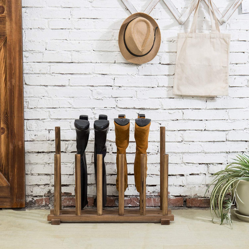 Solid Wood Boot Holder Rack For Entryway Shoe Storage, Organizes And Dries 6 Pairs Of Tall And Short Boots With Rustic Design
