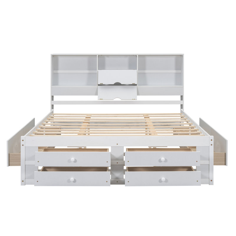 Lit plateforme très grand avec tête de lit à rangement et 8 tiroirs, blanc