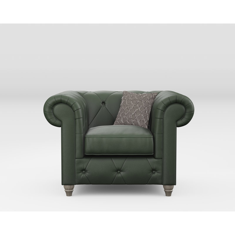 Melrose 115Cm Wide Tufted Genuine Leather Armchair, Hunter Green, Washed Oak