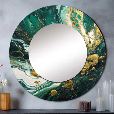 Green And Gold Serene Cascade I - Abstract Round Mirror 36 Inch