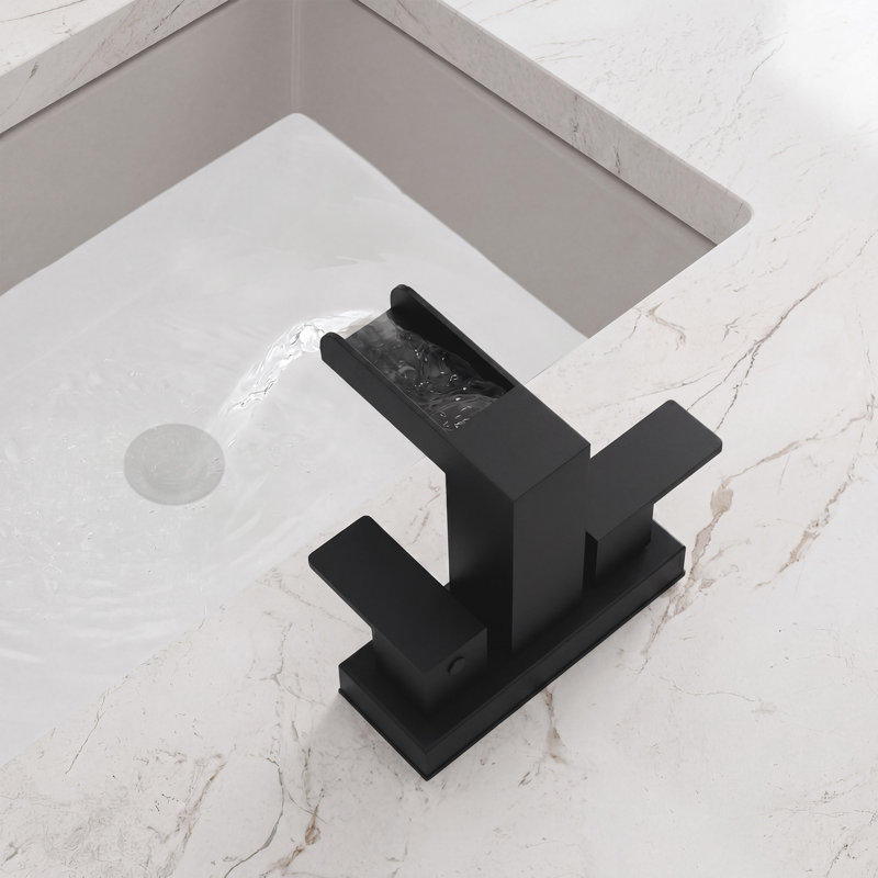 Centerset Bathroom Faucet 2-Handle, 4-Inch Waterfall Basin Faucet with Drain Assembly, Matte Black