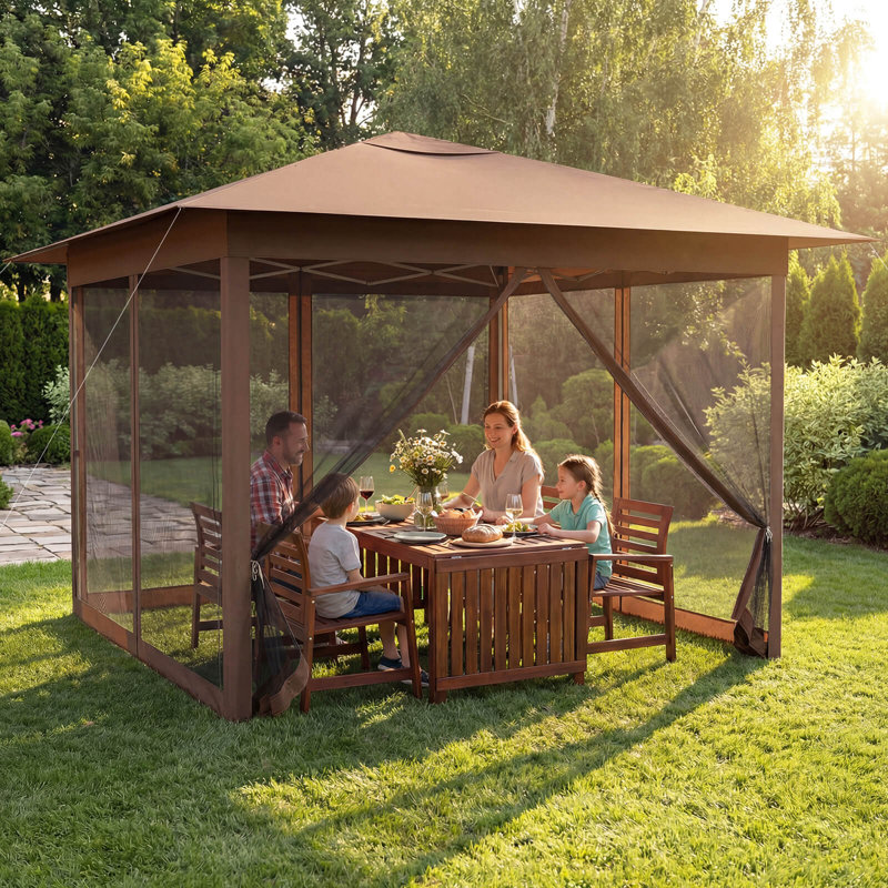Auvent escamotable 11,5 X 11,5 pi avec filet grillagé, évent, 4 portes, Brun