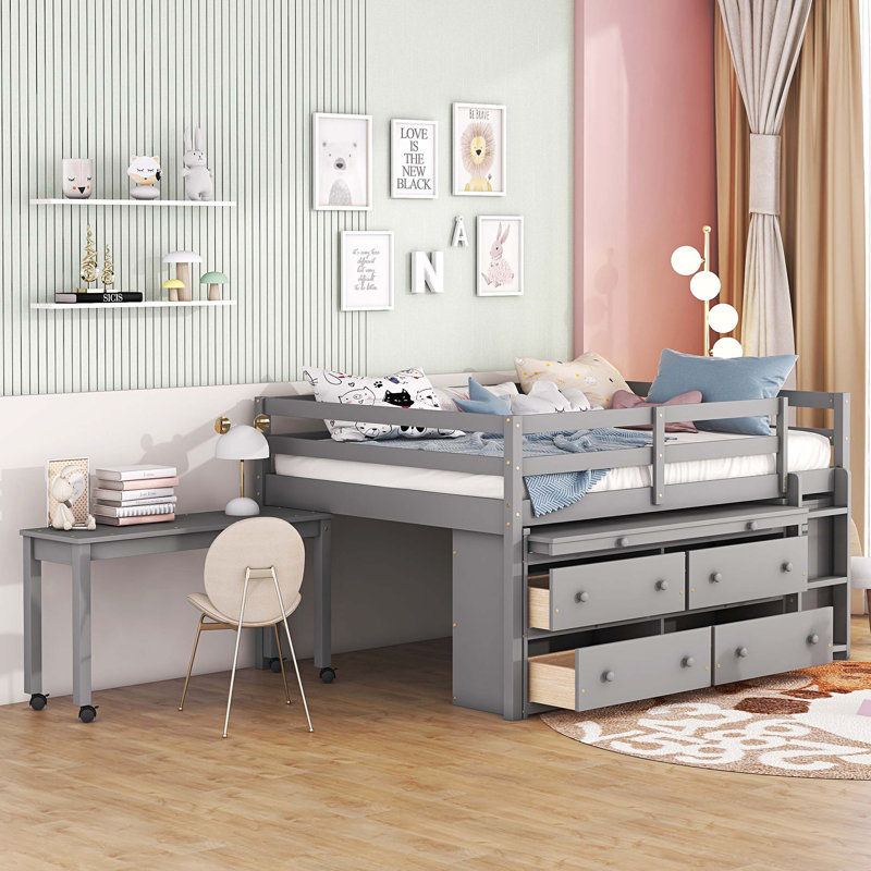 Lit mezzanine avec bureau d'écriture rétractable et 4 tiroirs, Double, Gris