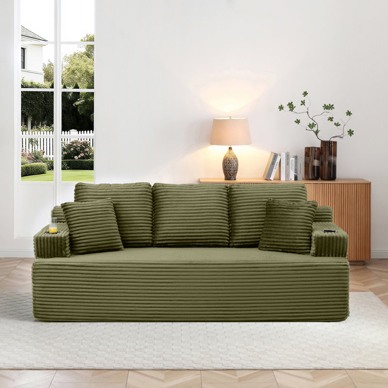 Canapé désossé avec 2 coussins, tissu en velours côtelé 3 places avec porte-gobelet et poche latérale pour une installation facile et des sièges confortables (vert, 3 places)