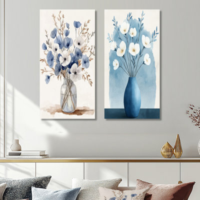 Fleurs murales minimalistes nordiques dans un vase - Art scandinave floral, 2 pièces
