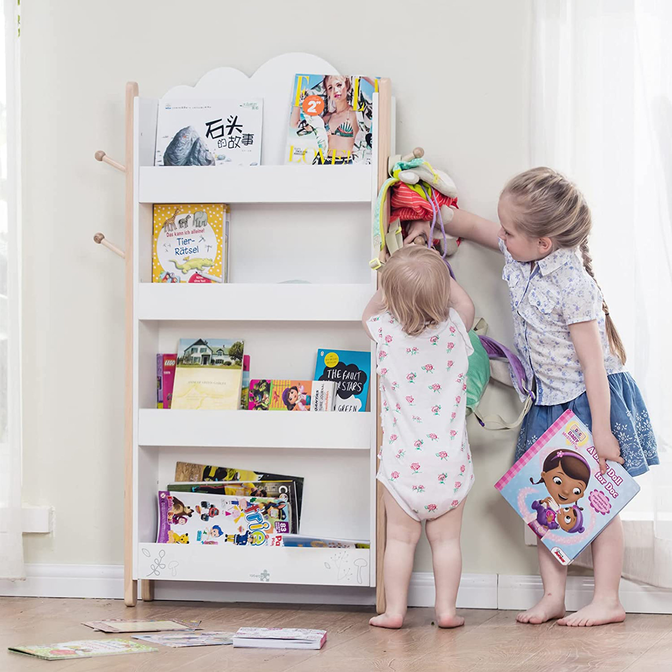 Zoomie Kids Inspire Kids Read N’ Play 6 Bin Toy Organizer and 2 Tier Bookrack, Grey/White Zoomie Kids