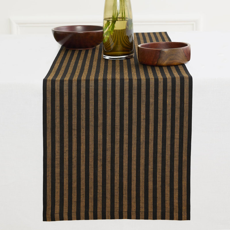 Amalfi Stripe - 100% Pure Linen Table Runner, 132" x 14", Brown Sugar/Black
