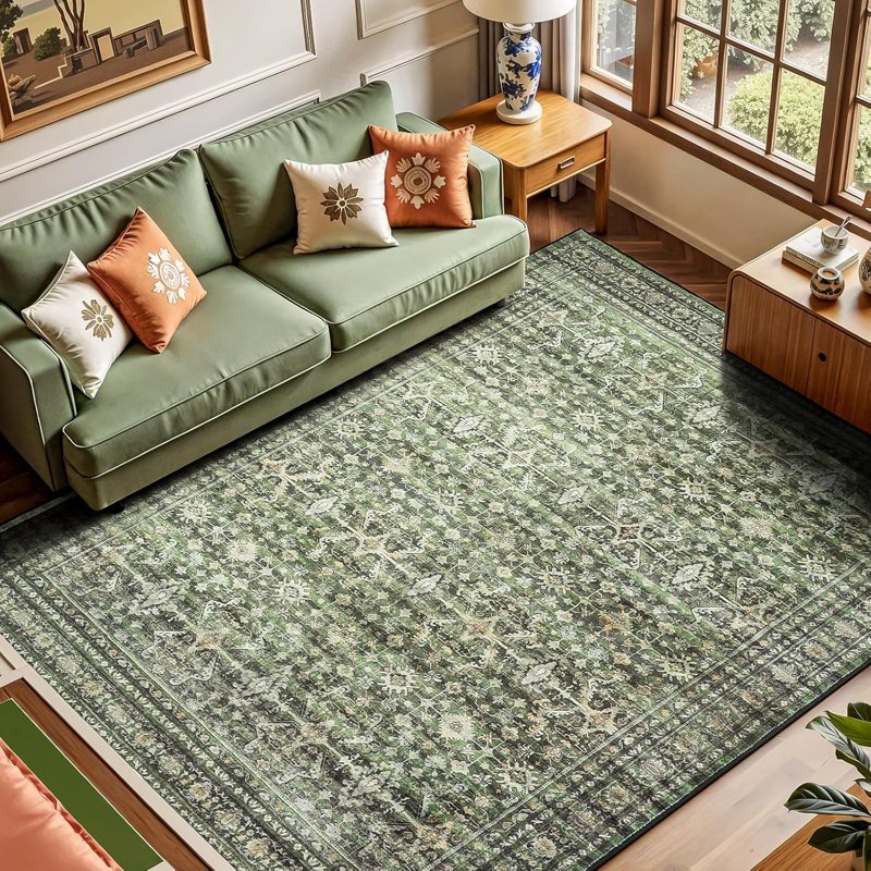 5'X7' Washable Floral Area Rug with Non-Slip Backing Beige, Rectangle 5' x 7', Beige
