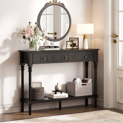 43" Console Table with Drawers, Entryway Table with Shelf and Solid Wood Legs, Narrow Long Sofa Table with Storage, Wood Foyer Table for Entryway, Living Room, Hallway, Black