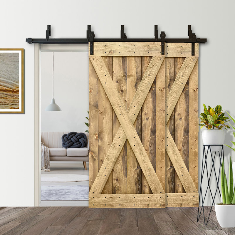 Porte de grange à panneaux et en bois avec quincaillerie d'installation, 68 po x 84 po, Chêne vieilli