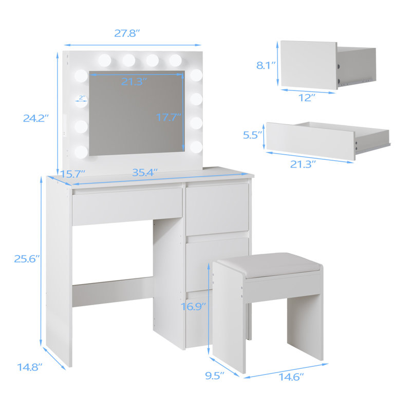 Table de coiffeuse à DEL avec 3 températures de couleur, grands tiroirs et station de charge