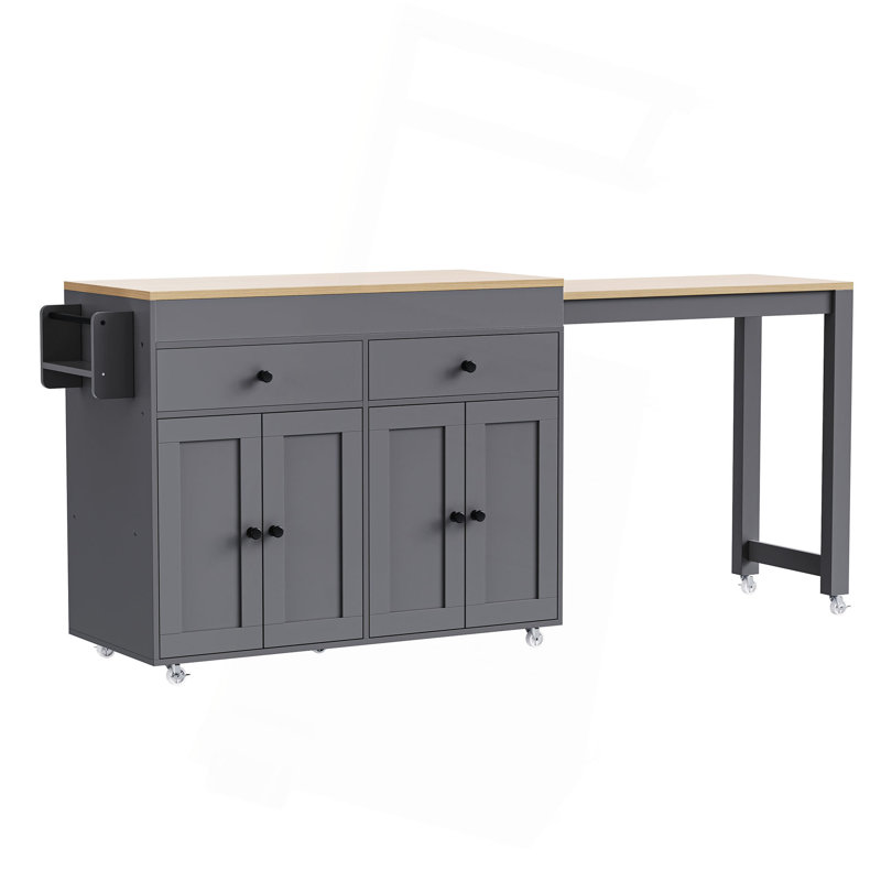 74.5 Inch Kitchen Island With Extendable Dining Table , Rolling Kitchen Island On Wheels With Spice Rack And 2 Drawers,  Kitchen Storage Cart With 4 Door Cabinet, For Kitchen, Dining Room