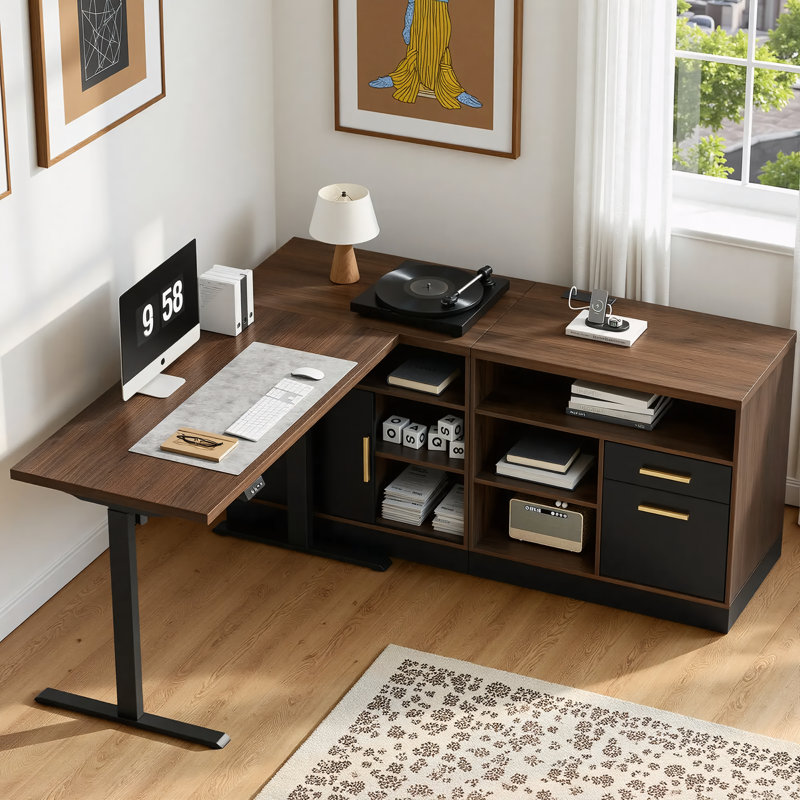 Adonia 67" L-Shaped Adjustable Standing Desk With 2 File Cabinets, AC/USB, Sit-Stand Home Office Desk, Black Walnut/Black