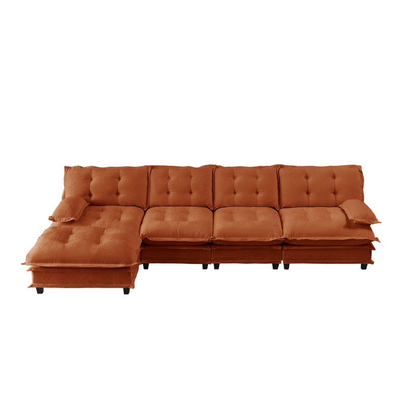 Canapé modulaire en L orange avec repose-pieds et coussins de siège en treillis orange, Chenille orange