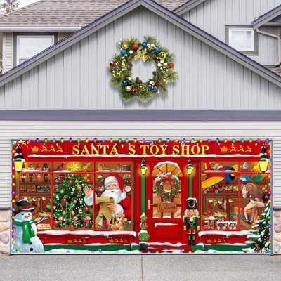 Porte de garage de Noël avec lumières à DEL, bannière rouge du magasin de jouets du Père Noël pour décorations de fêtes et d'extérieur 16 x 7 pi