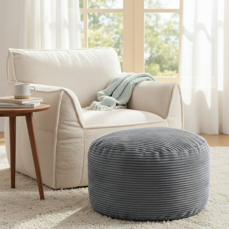 Dark Gray, Round Stuffed Futon Footstool, Corduroy Material With Foam Padding, 20.2 X 15.2 Inches, Fluffy Living Room Storage Stool.