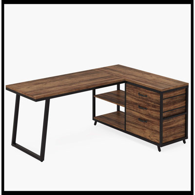 53" Reversible L-Shaped Computer Desk With 3 Drawers & Shelves