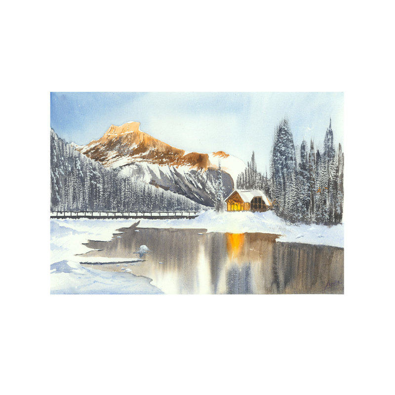 Maison d'hiver et lac gelé | Aquarelle sur papier | Par Asmita Atre