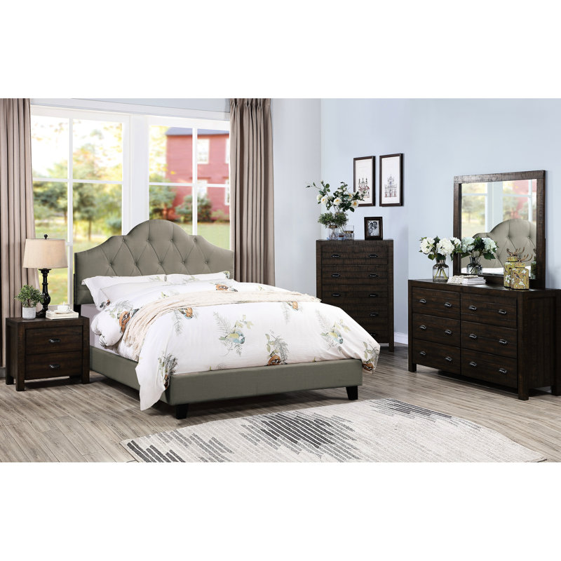 Lit double moderne en tissu d'ameublement gris avec tête de lit et cadre de chambre à coucher arqués gris