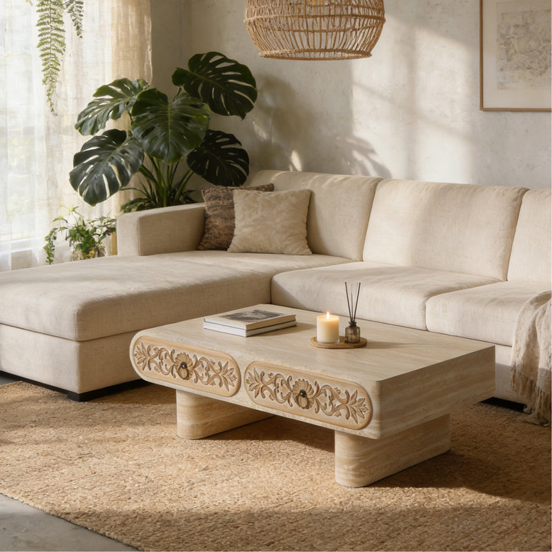 Rounded Edge Coffee Table With Flower Pattern Solid Wood Drawer, Coffee Table For Living Room, Office