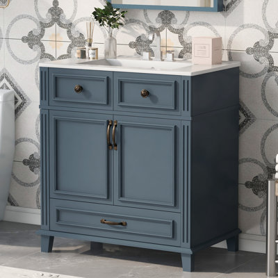 Meuble-lavabo de salle de bain rétro 30 po avec structure en bois massif, lavabo en céramique, tiroirs à fermeture en douceur, espace de rangement généreux, motif de rainure unique, tiroir, rangement, motif exquis, glissière de tiroir lisse