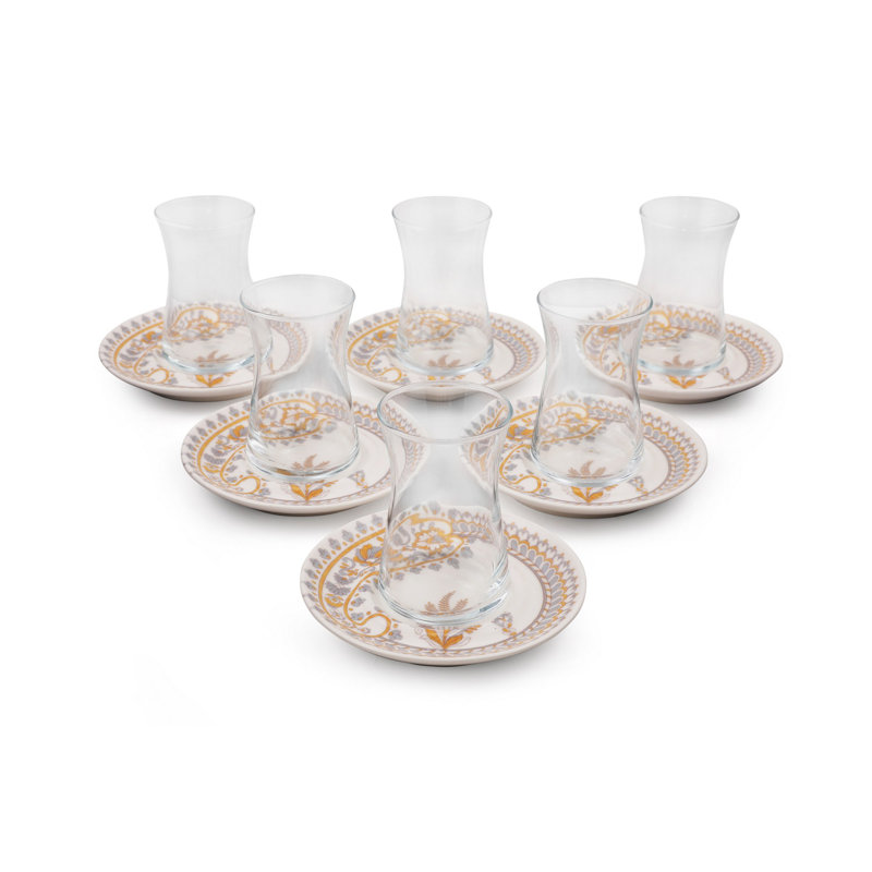 Elegant Tea Cup Set (12 Pieces) - Cream, Grey & Orange | Durable Porcelain & Glass | Glass Cups: 5.8 x 4.5 x 9.5 inches (6 Pcs) | Porcelain Saucers: 5.1 x 5.1 x 0.8 inches (6 Pcs) | Dishwasher Safe, Stylish Design for Tea Lovers
