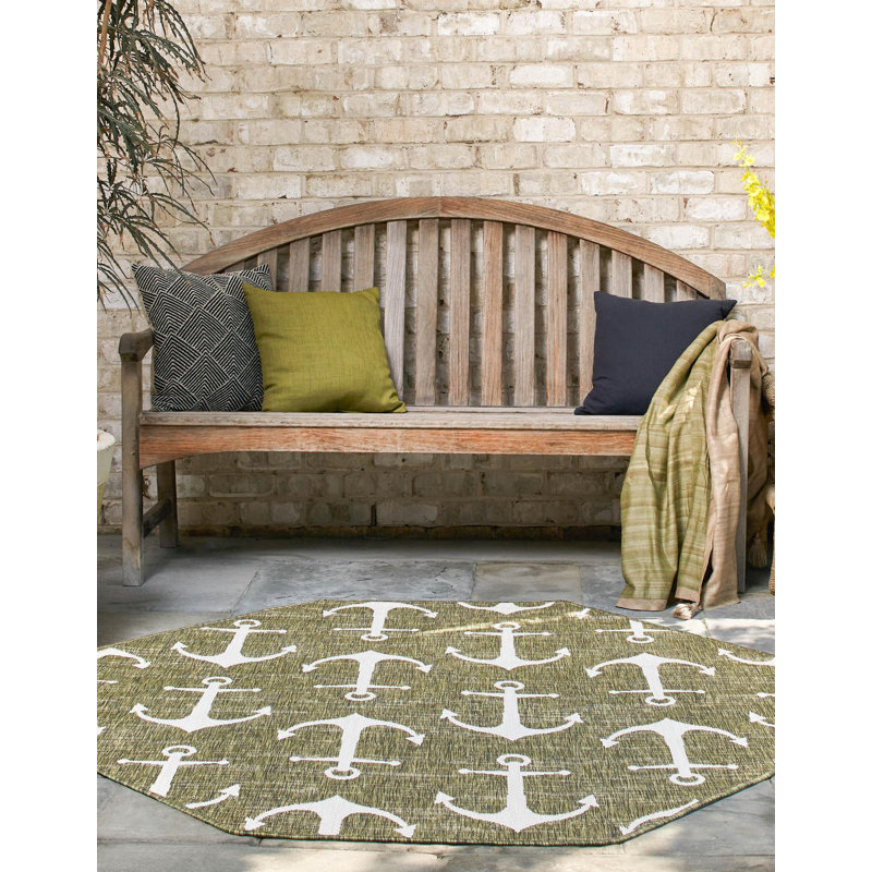 Tapis d'intérieur / extérieur en plastique tissé à la machine Glidden - vert / ivoire, Octogone 5 pi 3 po x 5 pi 3 po