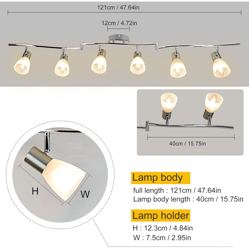 6-Light Flexible Track Lighting Rail Modern Directional Led Spot Ceiling Light Fixture With Glass Shade E12 Base Brush Steel