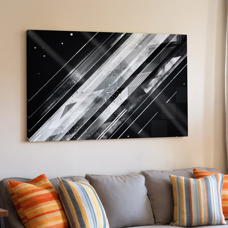 La toile crée une composition monochrome abstraite avec des lignes diagonales dynamiques et des formes géométriques murales dans des nuances variées d'art sur toile