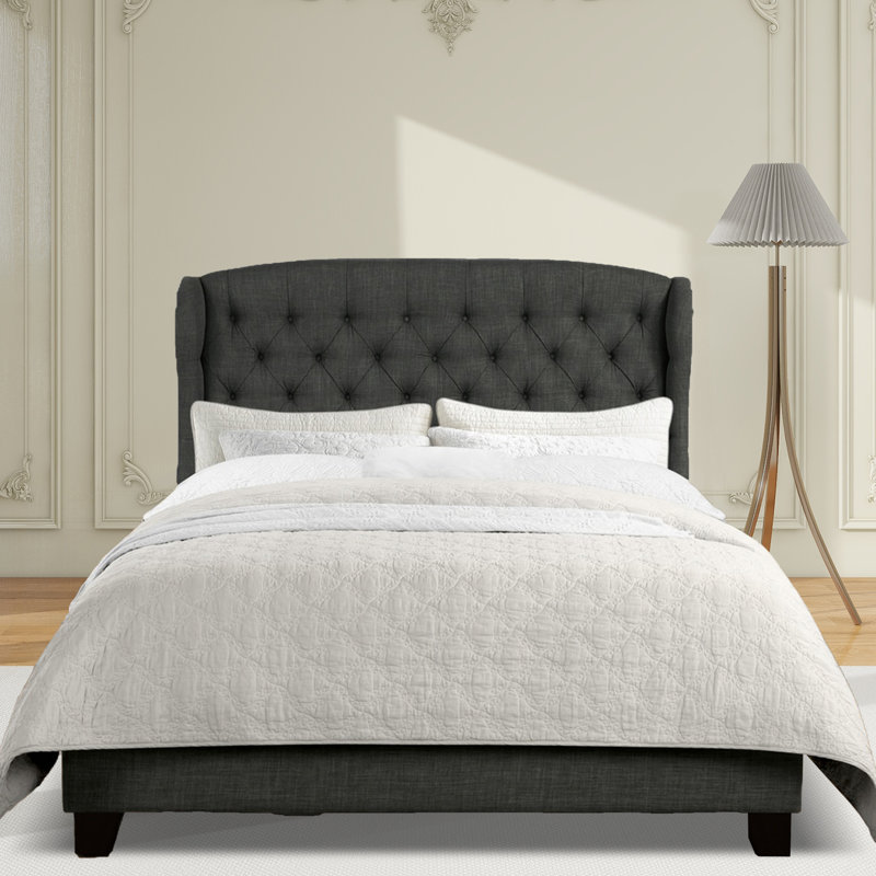 Lit tapissier en tissu, base de lit à hauteur réglable capitonnée, Lit simple, Noir