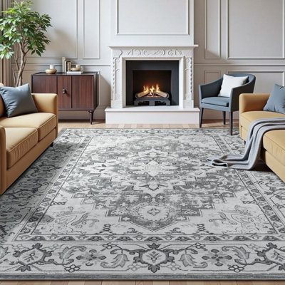 Eleana Vintage Distressed Washable Area Rug with Non-Slip Backing Gray White