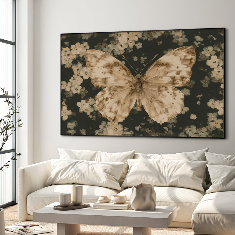 Très grande reproduction d'art sur tissu mural - Papillon sépia avec accents floraux, décoration pour le salon ou la chambre à coucher - «Assemblage requis du cadre (cadre non fini)»
