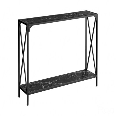 Narrow Sofa Console Table, Accent Entryway Living Room Bedroom, Black Marble Look Black Metal Contemporary Modern