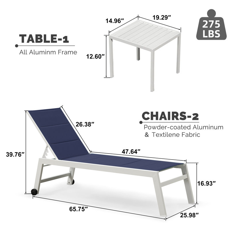 Chaise longue d'extérieur en métal avec table, Bleu marine