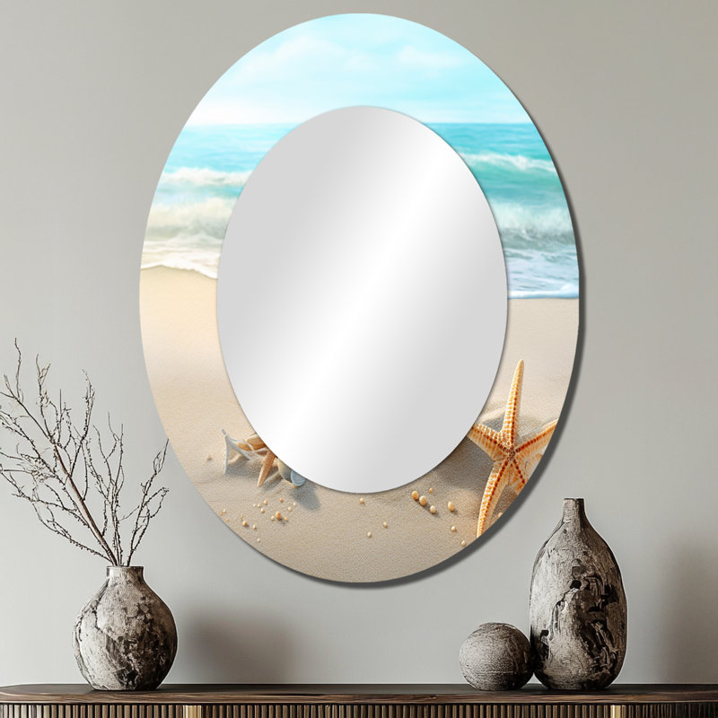 Étoile de mer et coquillages I - miroir mural ovale côtier, 40 po x 30 po