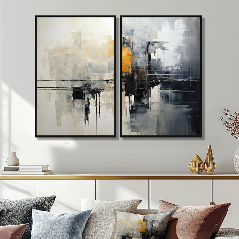 Grey Collage Reflections I - impressions d'art moderne sur toile 2 panneaux, Impression encadrée flottante, Black