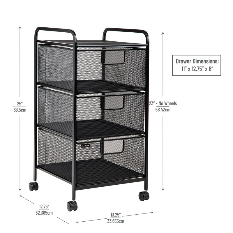 Mind Reader Rolling Storage Cart, Removable Drawers, Desk and Bathroom Organizer, Metal Mesh, 12.75"L x 13.25"W x 25"H