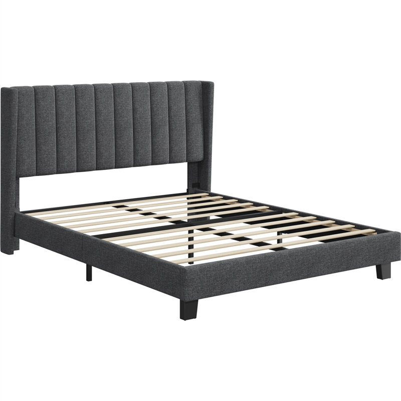 Upholstered Bed Frame with Channel Tufted Headboard, Dark Grey, Kingsize (5')