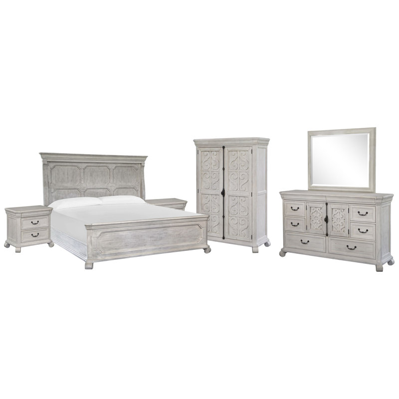 Très grande commode à 2 tiroirs avec miroir de paysage et armoire, 6 pièces : Lit, 2 tables de chevet, commode, miro