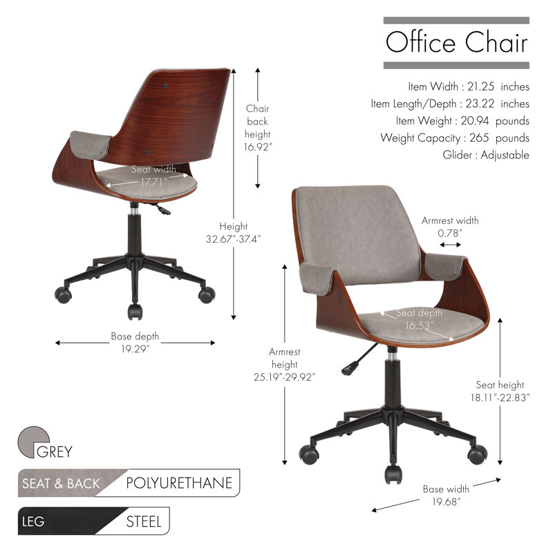 Geryon Faux Leather Mid-Century Office Chair, Grey